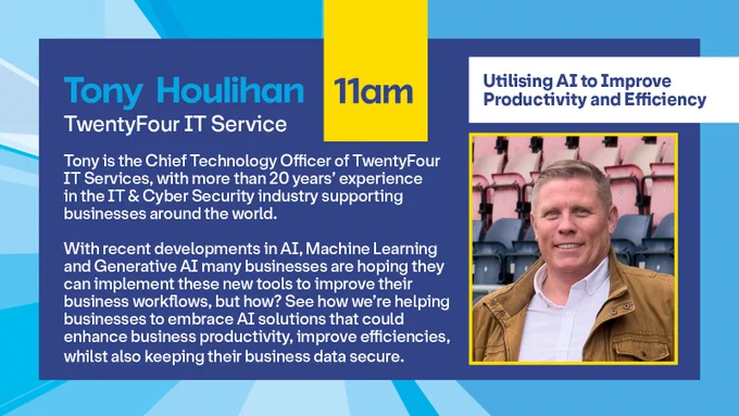 Doncaster Business Showcase 2025 speakers. Tony Houlihan from TwentyFour IT Service. Russell Till & guest from our Headline Sponsor Dolphin ICT. Iwona Lebiedowicz from PAB Magnet. And Bob Irwin from Triangle Networks.