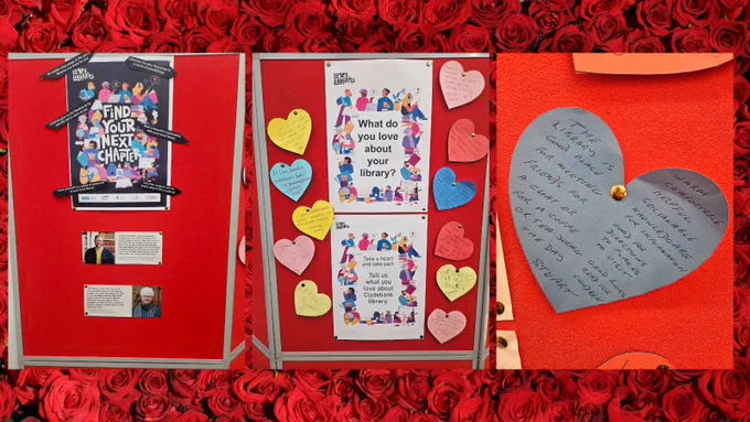 A photo montage of the Love Libraries wall at Clydebank Library.  It depicts the love hearts on which people have written what they love about libraries.
