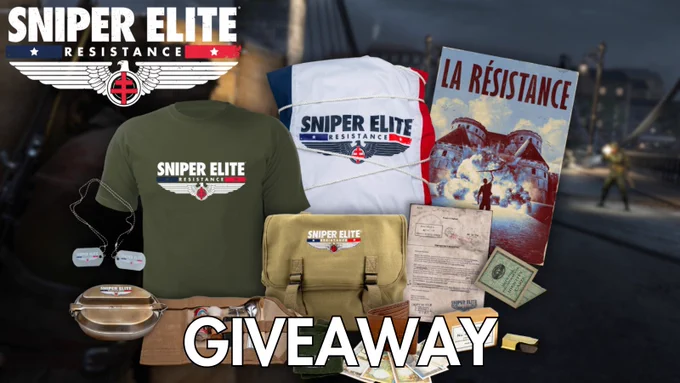 Promotional giveaway graphic for "Sniper Elite Resistance," featuring themed merchandise such as t-shirts, a flag, bag, and a poster.
