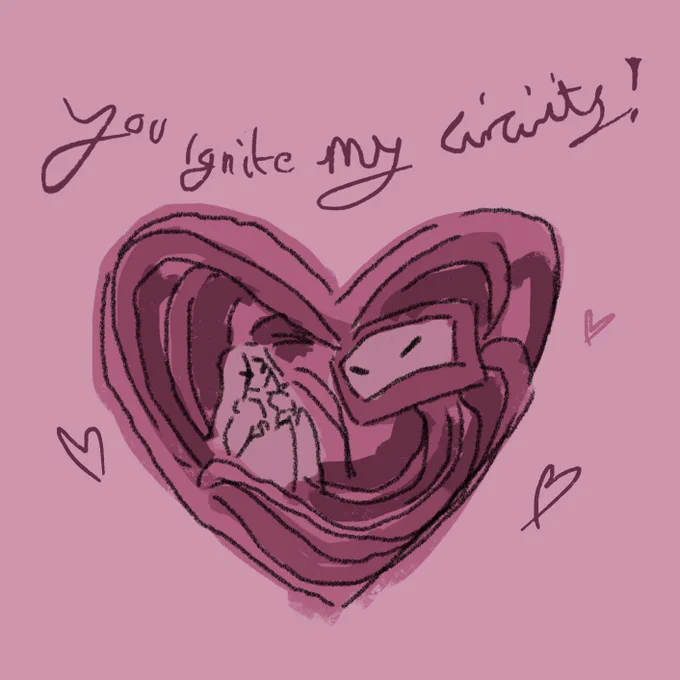 “You ignite my circuits!” Valentine’s Day card with an illustration of a woman and a computer nestled up in a pink heart