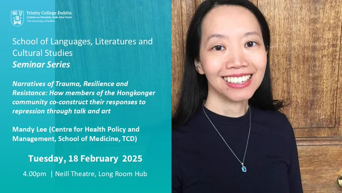 Event information poster with an a headshot of a smiling woman with short dark hair standing in front of a wooden door