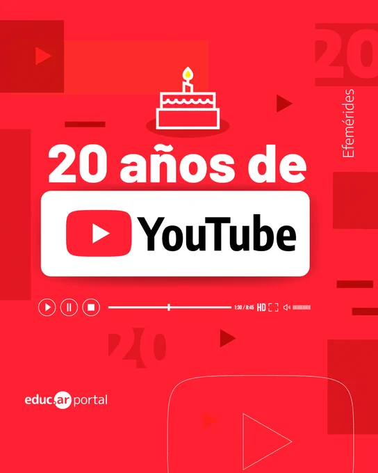 Efemérides. 20 años de YouTube. Sobre un fondo rojo, hay una torta de cumpleaños y varios íconos del reproductor de video. Logo del portal educ.ar.