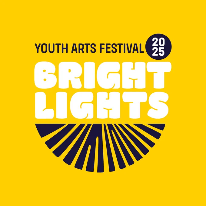 A white and black text logo with bubble writing and a half circle graphic underneath of a bright yellow back ground. The text reads 'Youth Arts Festival, 2025, Bright Lights'