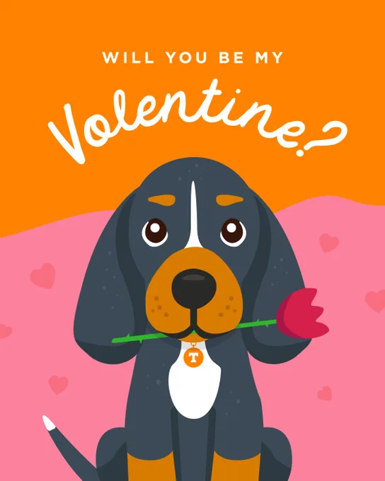 An illustration featuring a cartoon Smokey holding a red rose in his mouth, with the text 'Will you be my Volentine?'