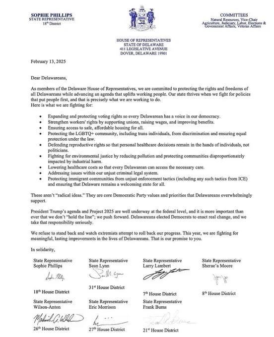 Letter from the office of Rep. Sophie Phillips with most other WFP legislators calling for a more ambitious platform in Delaware to stand up to Trump