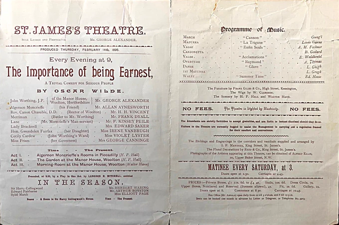 The inside of the programme from The Importance of Being Earnest, 1895