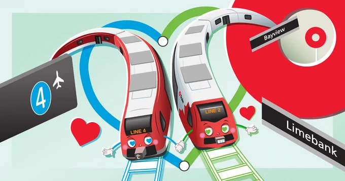 Animation of Lines 2 and 4 trains holding hands and being “in love” surrounded by a blue and green line which create a heart.
