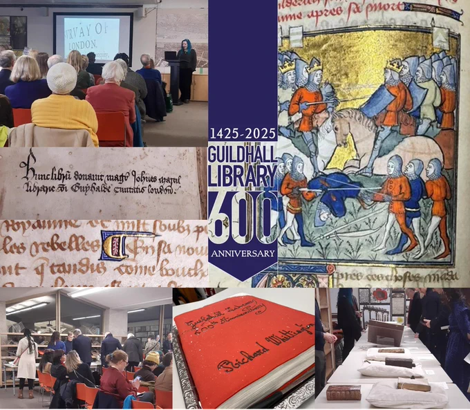 Collage of images of medieval text and images and an audience listening to a talk and viewing medieval books and other historic materials. Also a celebratory cake in the shape of a book.