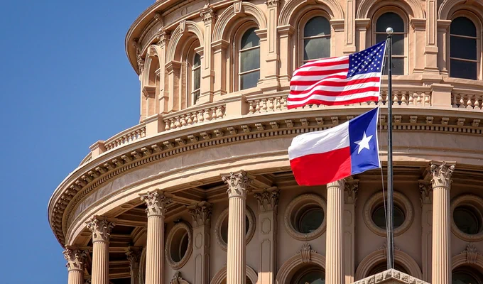 American and Texas state flags flying on the dome of the Texas State Capitol building in Austin.