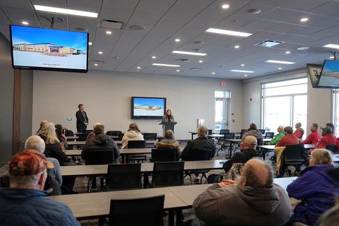 DOA Secretary Kathy Blumenfeld addresses a crowd gathered to celebrate the Town of Beloit’s new town hall and fire station.