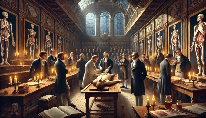 1840s autopsy at an Italian university with the body in the centre of a wood-panelled room.