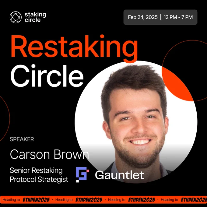 Event banner for "Restaking Circle," a side event at ETHDenver 2025, held on February 24, 2025, from 12 PM to 7 PM in Denver, Colorado.