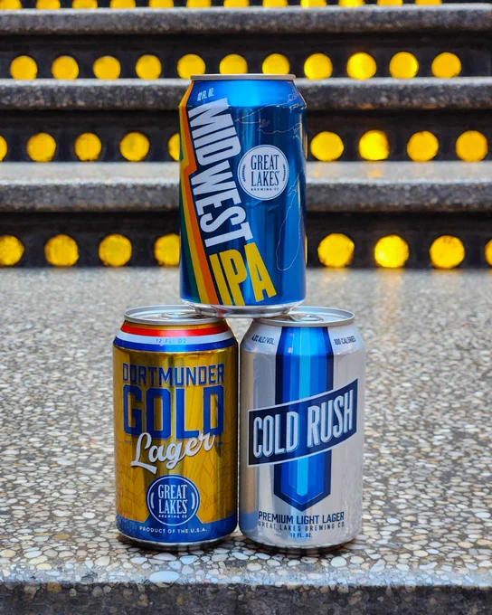 Dortmunder Gold Lager, Midwest IPA, and Cold Rush Premium Light Lager cans at the Cleveland Arcade.