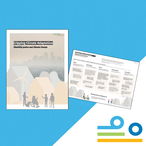 Cripping Climate Adaptation report cover page, next to an internal report page. Both are against a blue background, next to the Prairie Climate Centre logo.