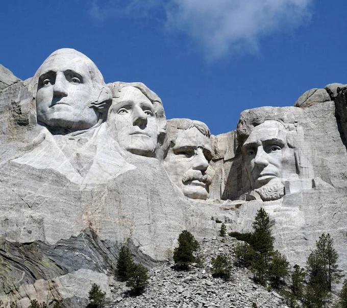 Famous Mount Rushmore sculptures depicting four US presidents in South Dakota.