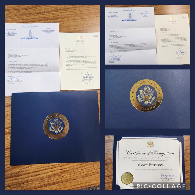 A collage of five photos showcasing letters and a certificate of recognition awarded to Mandy Peterson. The top left image displays two letters on official letterhead from the Nebraska State Legislature and the U.S. Congress, both addressed to Mandy Peterson. The top right image is a close-up of these two letters side by side. The bottom left image features a blue folder embossed with the gold seal of the U.S. Congress. The bottom right image is a close-up of the certificate of recognition, which includes Mandy Peterson's name and is signed by Representative Mike Flood. The collage has a navy blue border around each image.