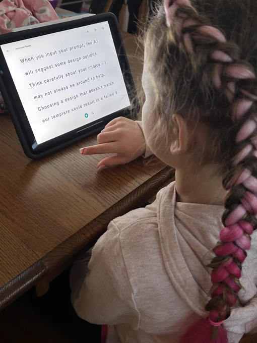 Girl on iPad with Minecraft Education CyberSafe AI: Dig Deeper on screen with Immersive Reader open