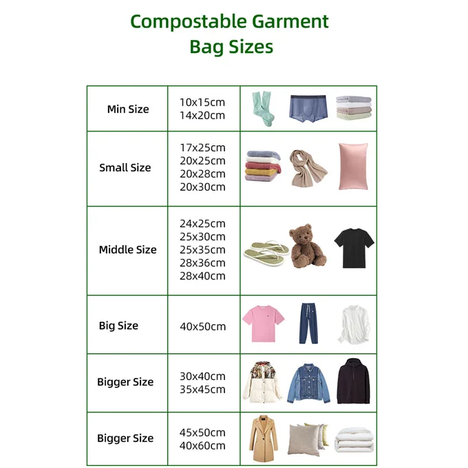 compostable garment bag sizes