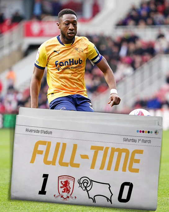 Full-time: Middlesbrough 1 Derby County 0.