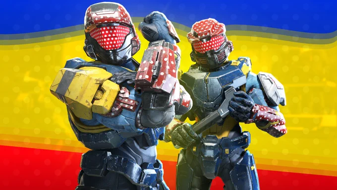 Image of two Spartans wearing the Women's History Month armor coating. 