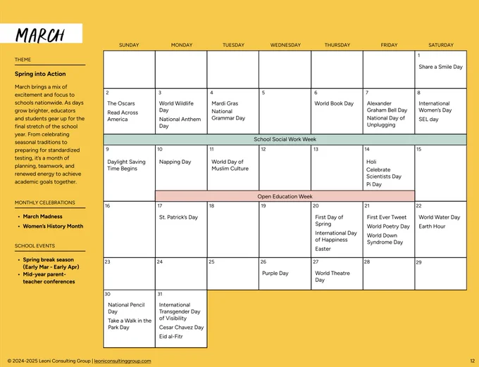 March calendar showing U.S. national holidays and observances including Daylight Saving Time Begins, St. Patrick's Day, and International Women's Day, along with themed weeks like National School Social Work Week and events like World Book Day. Produced by Leoni Consulting Group, copyright 2004-2005.