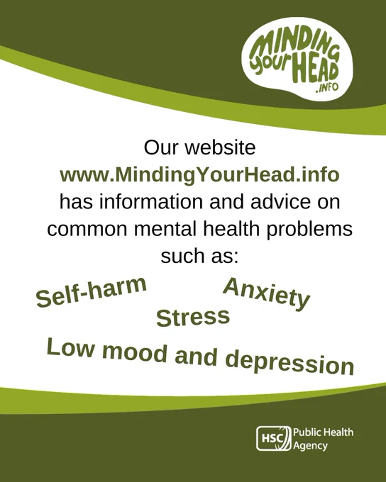 A green grahic with text that reads: Our website www.MindingYourHead.info has information and advice on common mental health problems like:
•	Anxiety
•	Stress
•	Low mood and depression
•	Suicide
•	Self-harm
