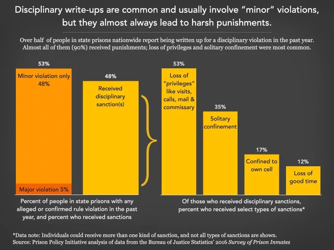 Graph titled: Disciplinary write-ups are common and usually involve "minor" violations, but they almost always lead to harsh punishments.
