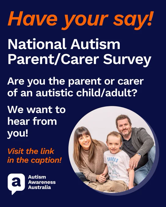 A circular photo of an autistic boy and his parents on a white background. Around the image in white and orange writing are the words 'Have your say! National Autism Parent/Carer Survey. Are you the parent or carer of an autistic child/adult? We want to hear from you! Visit the link in the caption.'