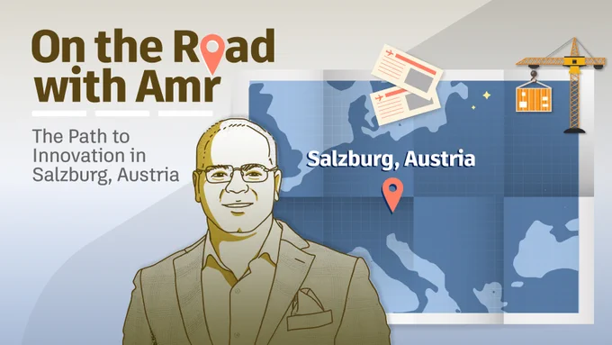 Promotional graphic titled 'On the Road with Amr' featuring an illustrated portrait of Amr, with a background map highlighting Salzburg, Austria, along with images of documents and a construction crane, emphasizing the theme of innovation.
