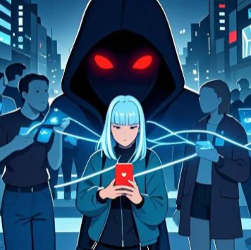A young woman stands in a crowd using a mobile phone. Behind her looms a menacing hooded figure with red eyes. 