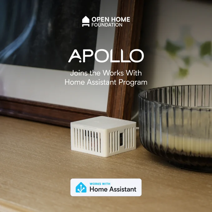 A 1:1 ratio version of the opengraph image for the blog post for social. Centered in the image is Apollo's AIR-1 device on a side table with a picture frame behind it to the left and a well-used candle in a shallow glass dish to its right. Text above the device reads, in white text:
<house logo> Open Home Foundation
Apollo
Joins the Works With Home Assistant Program
- end text above device

Below the device is the Works With Home Assistant badge - the Home Assistant logo with blue text "WORKS WITH" above black text "Home Assistant" on a white background.