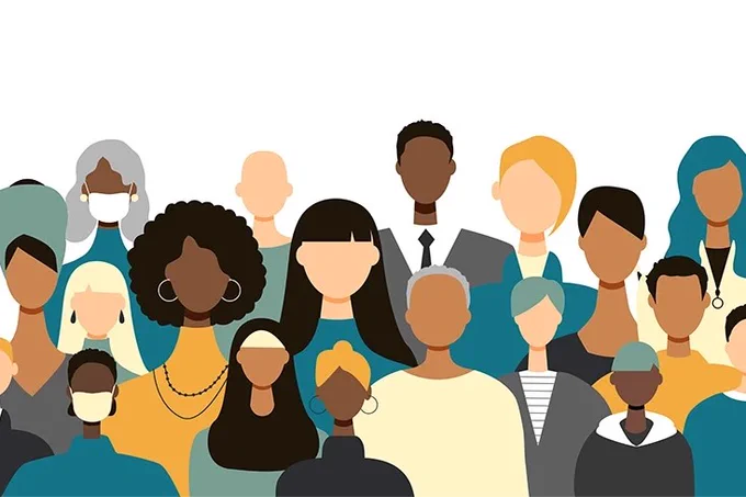Illustration depicting a diverse group of stylized people with various skin tones and hairstyles, some wearing professional attire and others in casual clothes. No well-known entities are identifiable.
