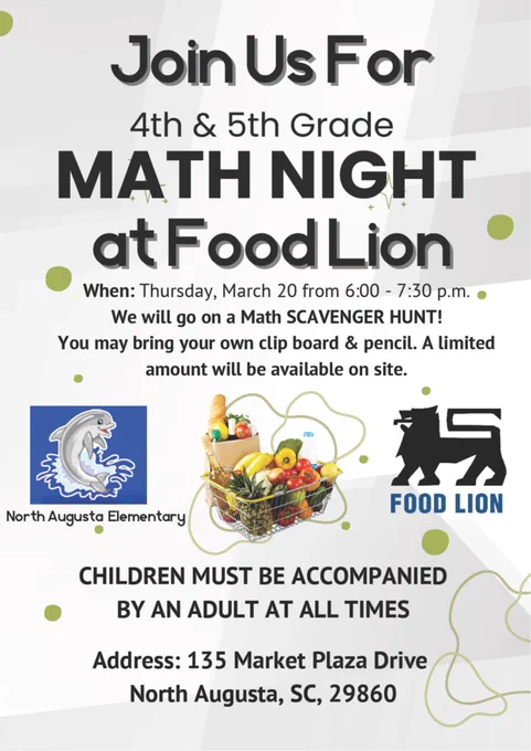 📢✨ Math Nights at Food Lion! 🛒✏️  📅 Grades 2-3: March 13 | 6-7:30 PM 📅 Grades 4-5: March 20 | 6-7:30 PM  Students will enjoy hands-on, real-world math fun! 📊🍎 Don’t miss this exciting learning experience! #MathNight #RealWorldMath
