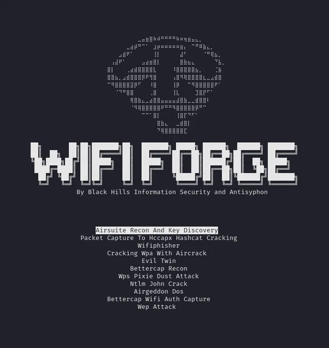 A shot of the text-based WiFi Forge interface. It features the logo in ASCII art atop a series of black-on-white menu options.