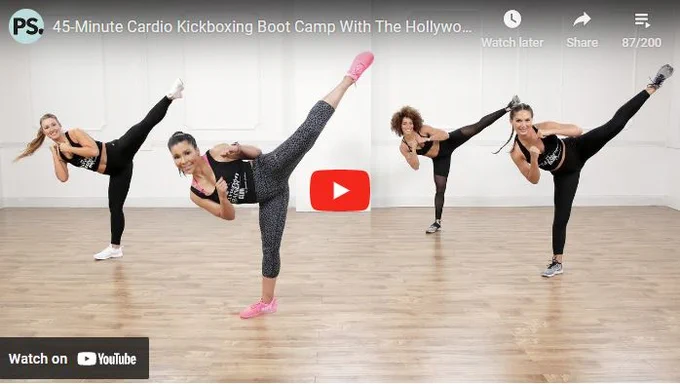 Screen capture of YouTube video "45-Minute Cardio Kickboxing Boot Camp"