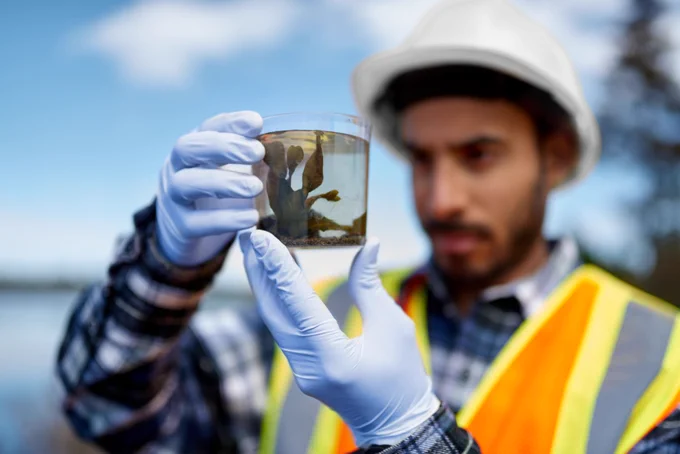 Water scientist looks at an algae sample in a jar during field work.