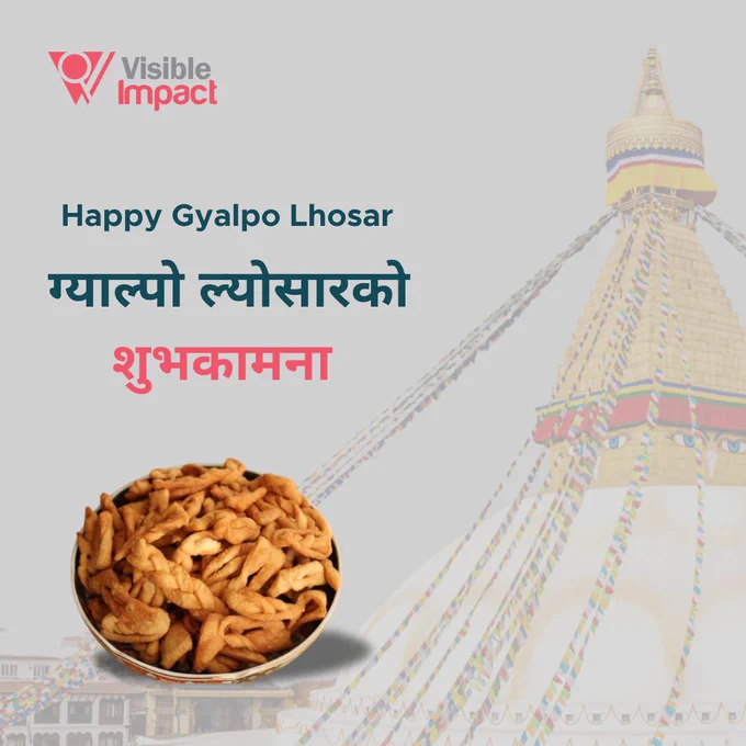A diagram illustrating the concept of "Happy Gyalpo Lhoshar," with text in both English and Nepali wishing well for the festival.