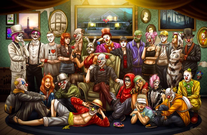 There are 24 clowns in total:

Top (Left to Right): 
Party Hardy, Bozo, Scruffy, Sheila, Kirk, Cups, Chatterbox, Mumbles, Tessa, Osvaldo, Hazel (Derpy), Delver, Wendy, and Mini.

Bottom (Right to Left): 
Stumbles, Moose, Lily, Big Phil, Windsong, Happy, Ratchet, Twinkles, Ember, and Pico.

I've added a bunch of details/eastereggs in this piece, I wonder if you can spot them all.