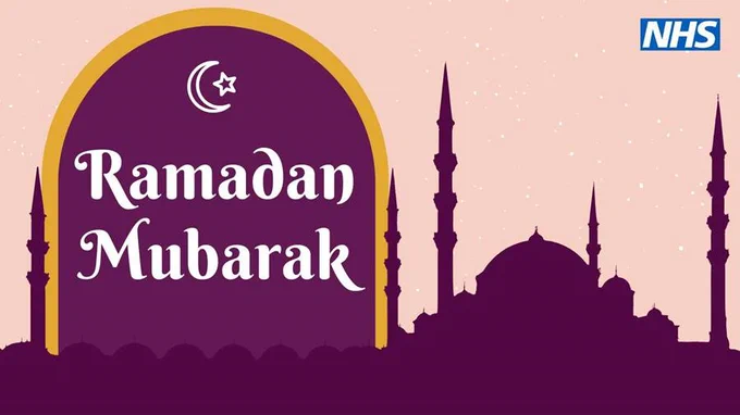 An infographic that says 'Ramadan Mubarak' in white text on a purple arch which has a gold outline. Above the text is a crescent moon and star. On the right is the outline of a mosque in purple. In the top right corner is the NHS logo. 