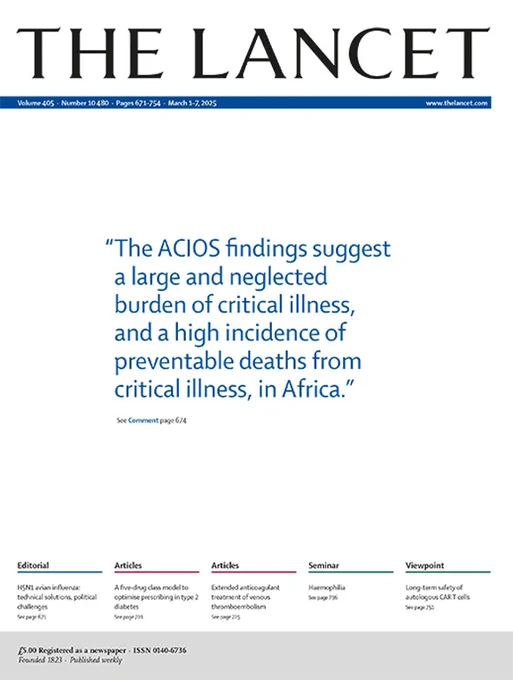 Cover of The Lancet March 1, 2025 issue. Quote on cover reads: "The ACIOS findings suggest a large and neglected burden of critical illness, and a high incidence of preventable deaths from critical illness, in Africa."