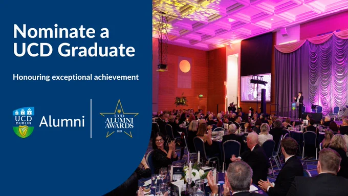 UCD President Prof Orla Feely is giving a speech at the 2024 UCD Alumni Awards in O' Reilly Hall. A text overlay reads: "Nominate a UCD Graduate".