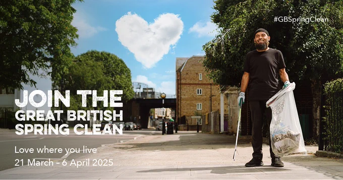 A man on  street with a litter picker and plastic bag. There is a love-heart-shaped cloud in the sky and the text 'Join the Great British Spring Clean. Love where you live. 21 March to 6 April 2025'.