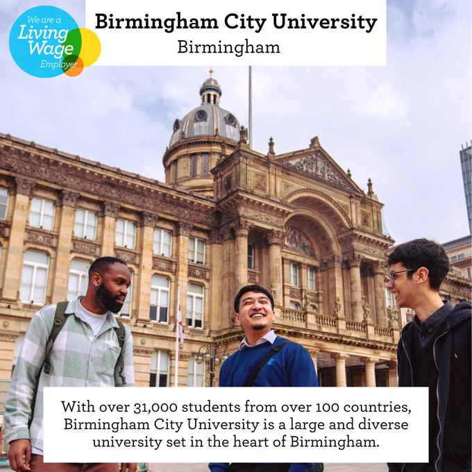 Students in front of Birmingham City University with the text 'Birmingham City University, Birmingham' and 'With over 31,000 students from over 100 countries, Birmingham City University is a large and diverse university set in the heart of Birmingham'