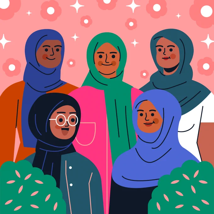 Illustration of five smiling women wearing hijabs, surrounded by pink flowers and sparkles. The background is pink, and the women are depicted in various colorful outfits.