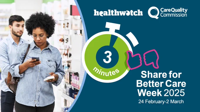 49% told us they like to complete a short task whilst waiting. Photo of a young woman looking at her mobile phone whilst waiting in a shop. Logos for Healthwatch, Care Quality Commission and Share for Better Care Week.