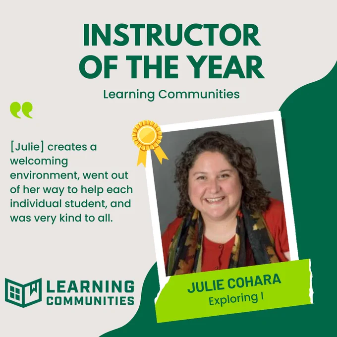 Graphic with heading "Instructor of the Year" featuring a headshot of Julie Cohara, Exploring I, wearing a red top and scarf, smiling.