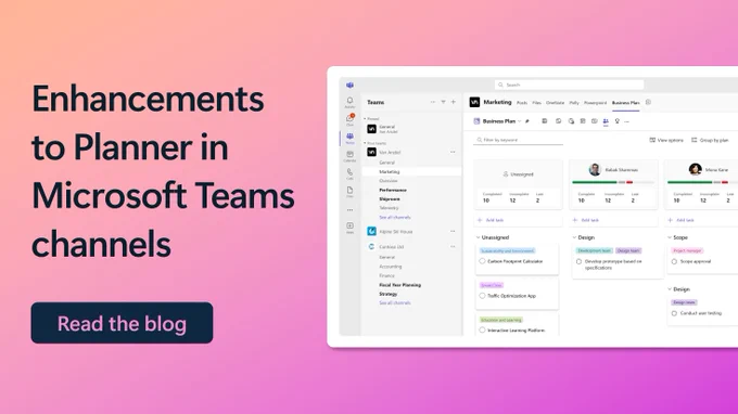 Text reads: "Enhancements to Planner in Microsoft Teams channels. Read the blog."