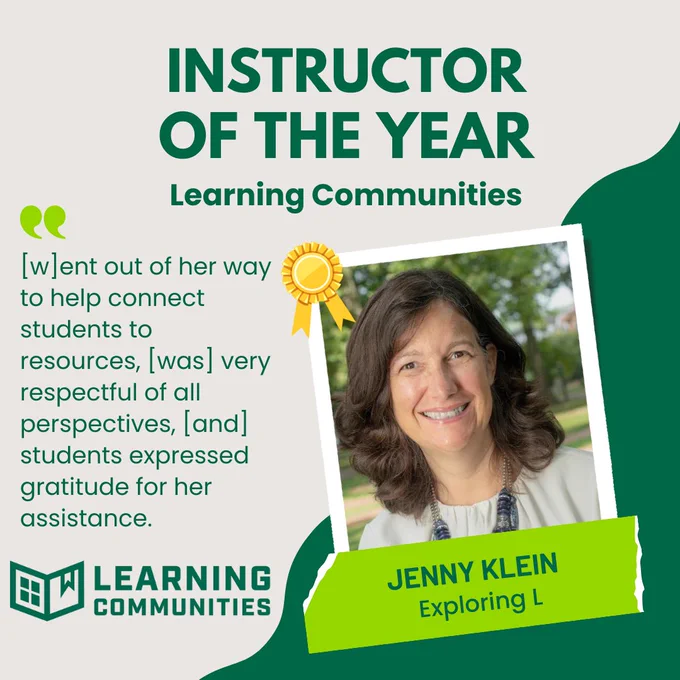 Graphic with heading "Instructor of the Year" featuring a headshot of Jenny Klein, Exploring L, wearing a blue-gray top, necklace, and smiling. 
