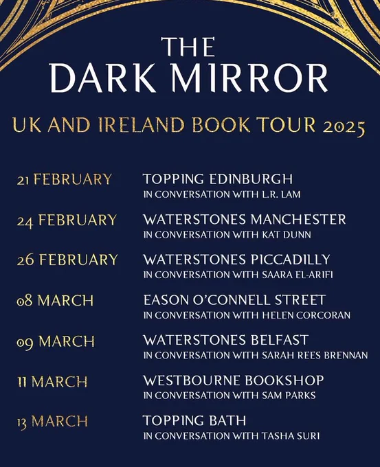 A navy background with gold and white writing graphic of ‘The Dark Mirror UK and Ireland Book Tour 2025’ and all the dates and locations listed.