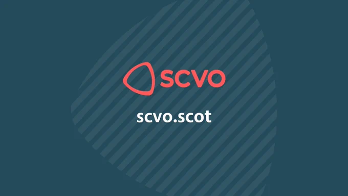 Graphic with blue background with the SCVO logo in rowan red and the scvo web address scvo.scot in white overlaid